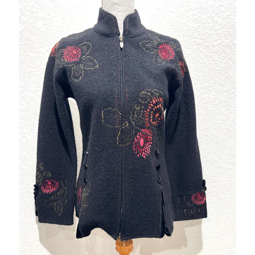Covelo Black Wool Womens Embroidered Velvet Trim Zip Up Jacket sz S Floral